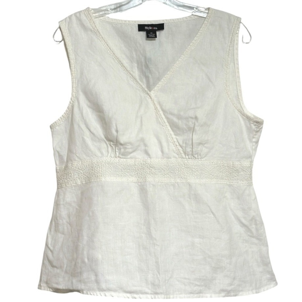 Style & Co Top Women White Linen Embroidered Empire Waist Sleeveless Coastal 14